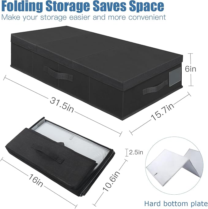 Supowin 2Pack Large Underbed Storage Containers Bin with Lids, Black | 6 Inches Tall Under Bed Storage Organizer Box with Handles, Foldable Closet Organizer for Clothes, Blankets, Seasonal Items