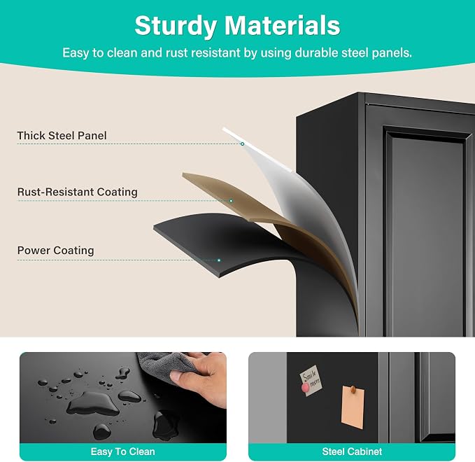 SISESOL 71" Tall Narrow Storage Cabinet with 1 Door and 5 Shelves,Slim Kitchen Pantry Cabinet,Black Metal Bathroom Cabinets,Large Cupboard for Home,Kitchen,Laundry,Bathroom