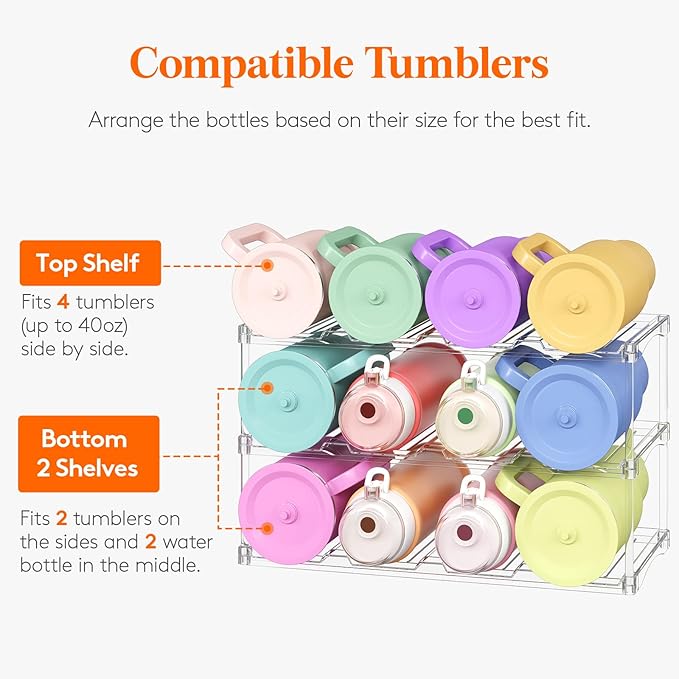 Lifewit Stackable Bottle Storage Organizer, Clear Freestanding Wine Holder for Cabinet, Large Slot Water Bottle Tumbler Cup Organizer for Pantry, Plastic Wine Rack for Fridge Cellar, 3Tier Hold 12