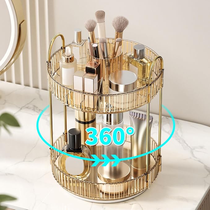 360 Rotating Makeup Organizer - Large-Capacity Skincare & Makeup Storage with 2-Tier Perfume Organizers, Cosmetic Dresser & Makeup Brush Holder - Fits Bedroom, Bathroom, Vanity Shelf & Countertop