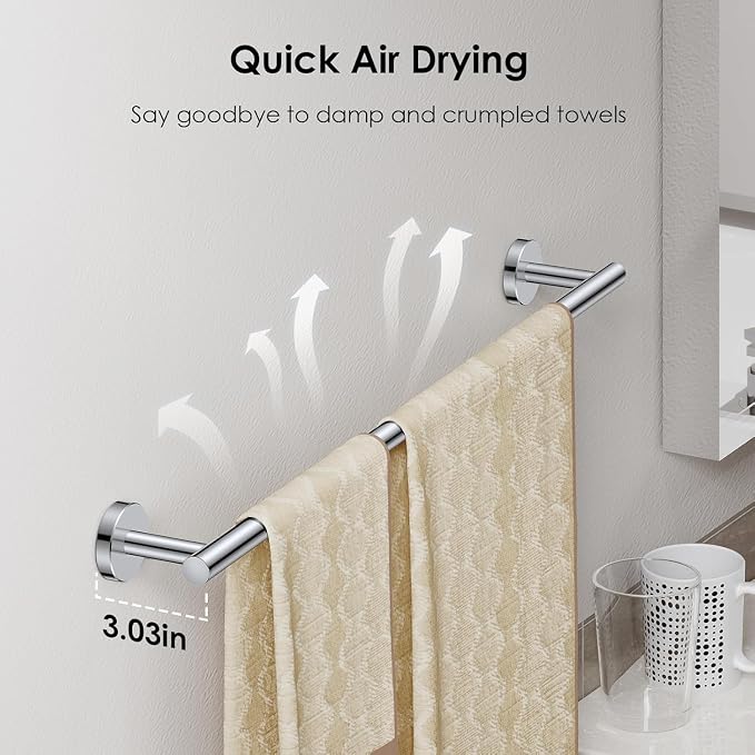 FORIOUS Bathroom Accessories, 4-Piece Bathroom Hardware Set - 18" Towel Bar | Chrome | Towel Hooks, Towel Racks for Bathroom, Toilet Paper Holder Wall Mounted & Towel Ring | SUS304 Stainless Steel