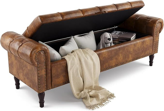 Storage Bench Ottoman, 61" Faux Leather Rolled Arm Bedroom End of Bed Bench, Window Bench with Button Tufted and Nailhead Trim for Foot of Bed Bench, Bedroom, Entryway, King Size, Brown