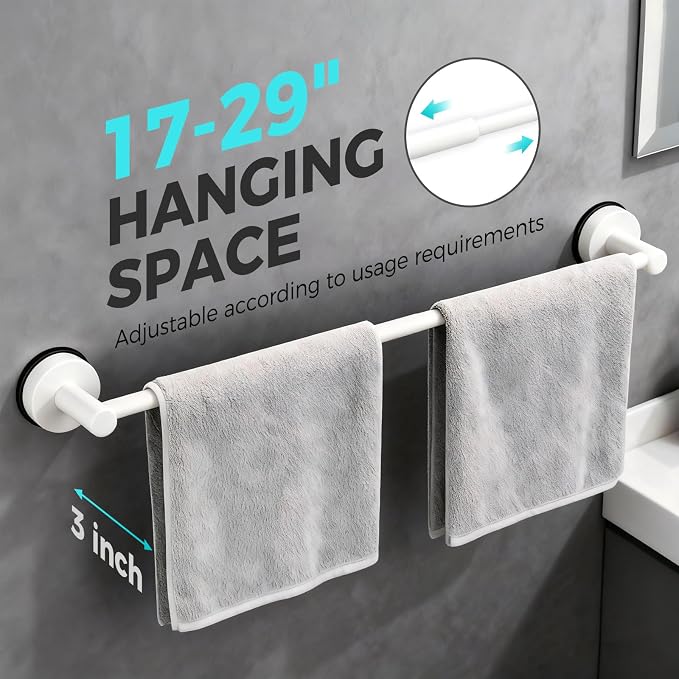 Adjustable Suction Cup Towel Bar for Bathroom Wall,17 Inch~29 Inch Towel Racks for Bathroom,Stainless Steel Bath Towel Holder for Shower(Matte White)