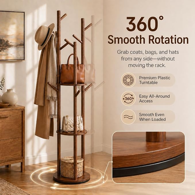 Solid Wood Rotating Coat Rack Freestanding, 360° Coat Tree with 3 Shelves & 9 Hooks, Heavy Duty Rubberwood Coat Hanger Stand, Hat Rack Hall Tree for Entryway Bedroom Office Hallway, Walnut