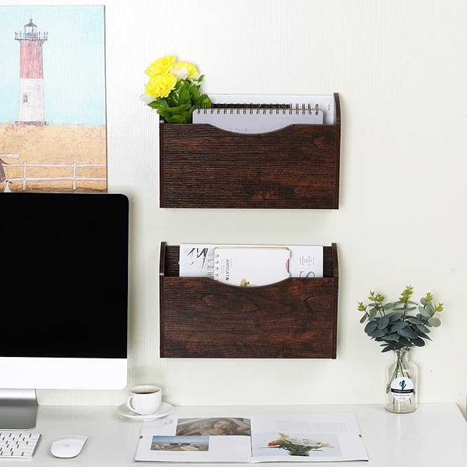 PAG Wall File Holder Wall Mounted Wood Hanging File Organizer for Office, 2 Pockets, Brown