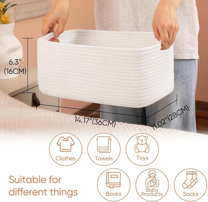 OIASKET 4 Pack Small Storage Shelf Baskets for Organizing, Mini Woven Rope Storage Bins for Towels, Cute Decorative Closet Organizer，Baby Nursery, Gift Empty Baskets -14.17''Lx11.02''Wx6.3''H-White