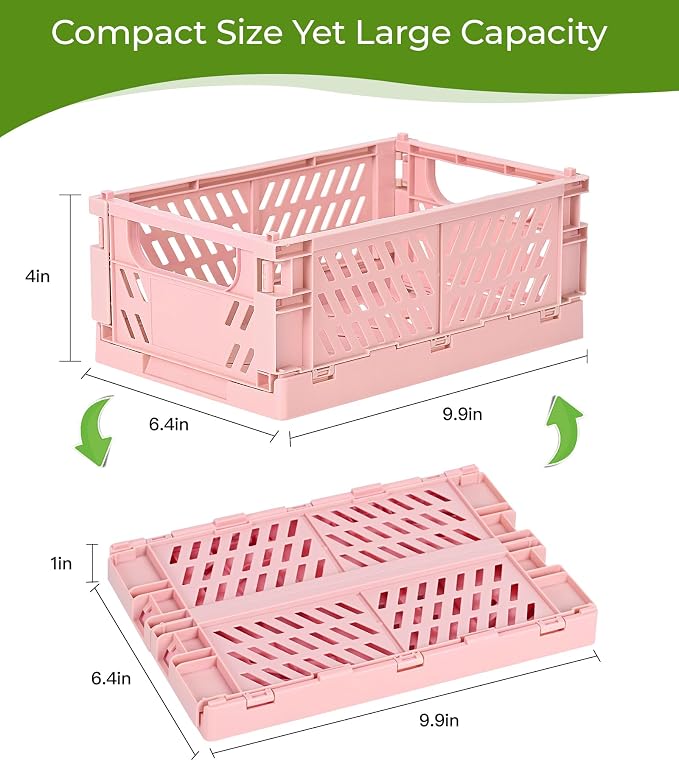 HUUSMOT 2-Pack Collapsible Plastic Storage Baskets, Pink, 9.8"x6.5"x3.8" | Pastel, Space-Saving, Collapsible Plastic Bins, Cute Mini Storage Crates, for Classroom, Kitchen, Office, Bedroom