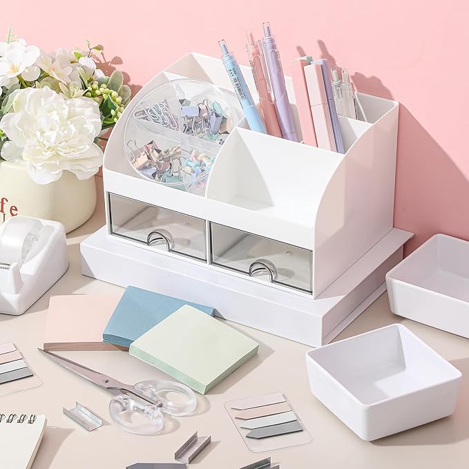 Kosiz Morandi Office Supplies Aesthetic Desk Organizer Pink Desk Accessories Gift for Pen Holder Stapler Binder Sticky Notes Paper Clips Scissor Staples Aesthetic for Women Men Students