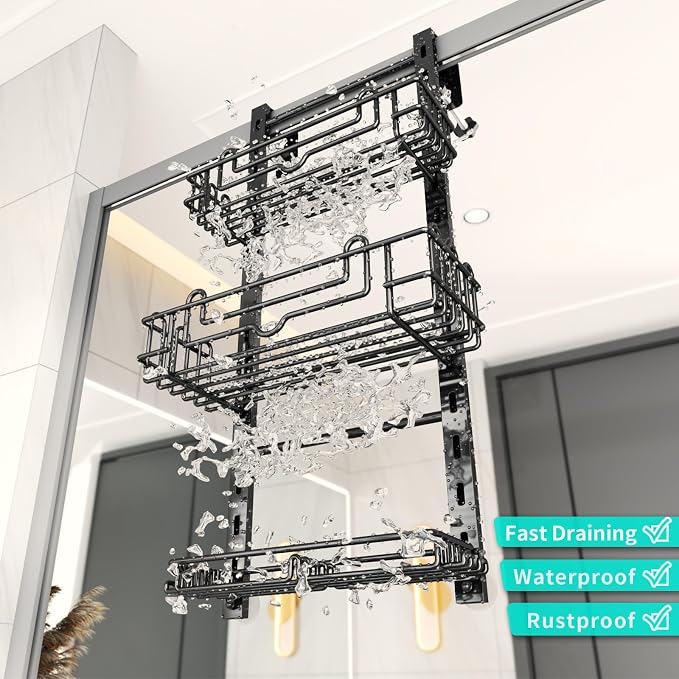 HapiRm 3 Tier Over the Door Shower Caddy, Hanging Shower Caddy with 16 Hooks and 2 Soap Holders, No Drilling Adjustable Hanging Bathroom Organizer - Black