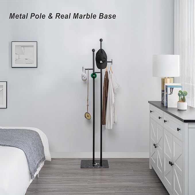 Metal Standing Coat Rack for Entryway Bedroom Living Room (Black) | Easy Assembly, Compact Footprint, Space Saver, Metal Frame, Marble Base, Sturdy, 8 Spherical Hooks, Office, Corner