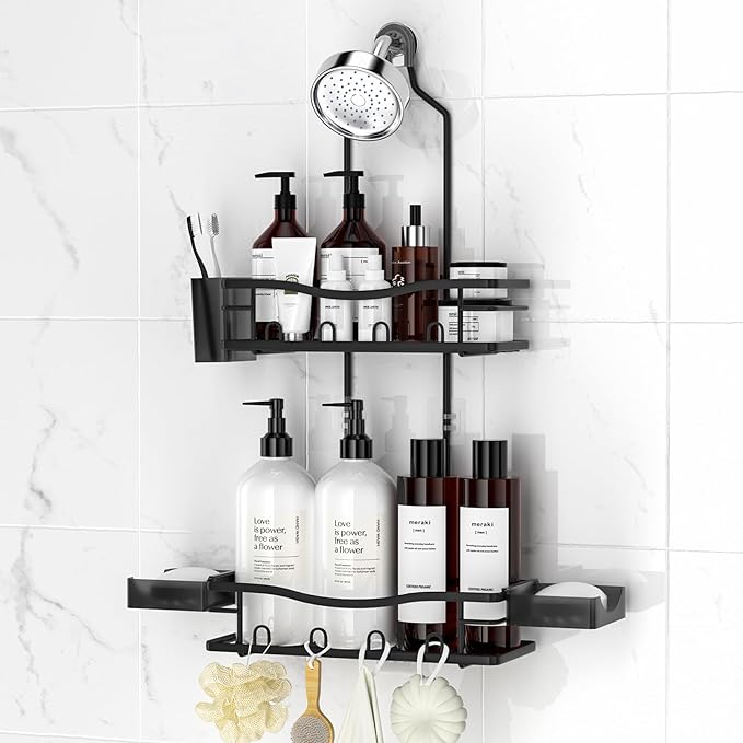 Rustproof Shower Caddy Hanging with Soap Holders for Bathroom, Black | Shower Organizer with Multi Hooks Toothbrush Holder, No Drilling, Anti-Swing, Storage for Shampoo Conditioner Body Wash