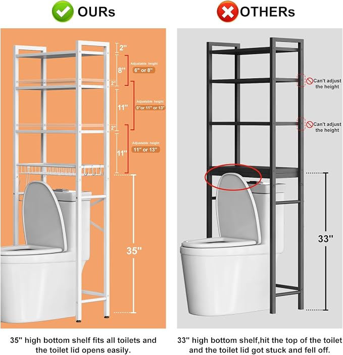 Kalrin Over-The-Toilet Storage Rack, 4-Tier Bathroom Organizer Shelf Over Toilet with Adjustable Shelf and Basket, Freestanding Space Saver Bathroom Shelves Above Toilet for Room (Pure White)