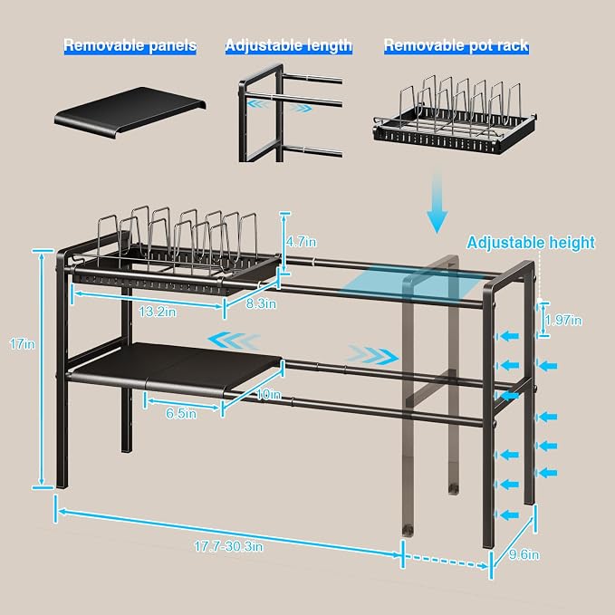Mustorn Pots and Pans Organizer Under Cabinet, Expandable 2 Tier Under Sink Organizers Storage Adjustable Height Kitchen Pot and Pan Lid Holder Rack with 6 Dividers(4panels,2baskets,1 Pot rack,Black)