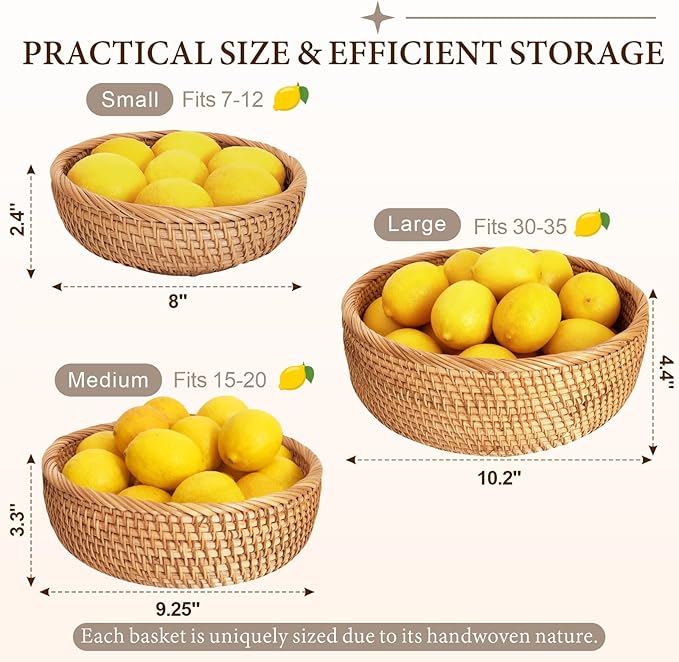 9.2" Medium Rattan Wicker Bread Basket, Fruit Basket for Kitchen Counter | Sturdy Well-Made Handwoven Bread Baskets for Serving, Natural Food Baskets, Versatile for Fruits, Snacks, Keys & More (Round)