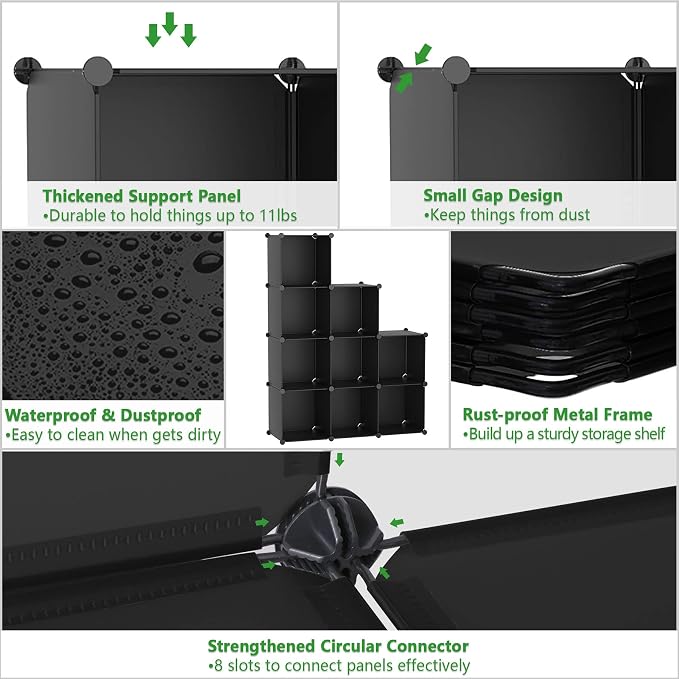 C&AHOME Cube Storage Organizer, 9-Cube Bookcase, Closet Cabinet Black | DIY Stackable Bookshelf, Plastic Modular Shelving Units Ideal for Home, Office, Kids Room, 36.6" L x 12.4" W x 48.4" H