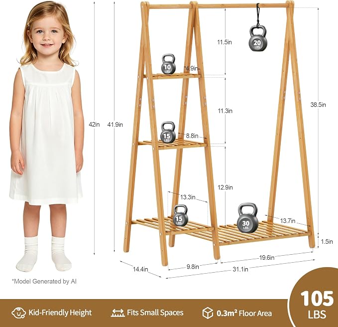 Small Clothes Racks,Kids Clothing Hanging Rack, Bamboo Garment Rack | Wood Corner Baby Chidren Toddler Nursey Clothes Hanger Rack Dress Costume Rack with 4 Shelves,Sturdy A Frame ,Portable