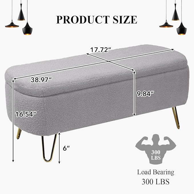 Modern Storage Ottoman Bench, Teddy Upholstered Entryway Bench with Gold Legs, Vintage End of Bed Bench with Safety Hinge, Padded Bench with Storage for Living Room, Bedroom, Entryway(Grey)