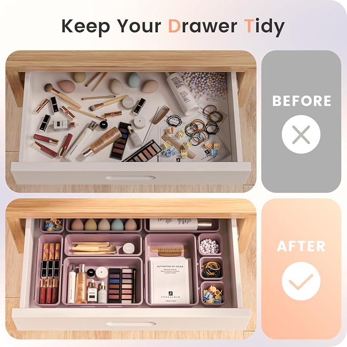 【Military Grade】A-LuGei Drawer Organizer,【𝟱𝗦𝗶𝘇𝗲】Makeup organizer,【Holds 177 Items】Bathroom Organizers and Storage,Organization and Storage,Desk Drawer Organizer for Vanity【Lilac】
