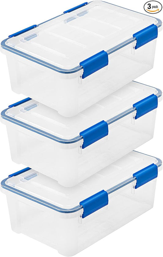 IRIS USA 3-Pack 16 Qt Storage Bins with Gasket Lids, Clear/Blue | WeatherPro seal protects shoes, crafts, documents and supplies from dust and moisture