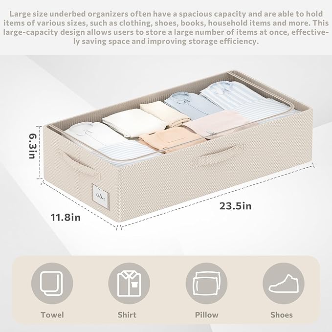 CYhom 3Pcs Under Bed Storage Bins with Metal Frame - Shoe Organizer for Closet with Clear Cover Oxford Fabric Sturdy Underbed Container Foldable Stackable Clothes Organizer (Beige, 23.5x11.8x6.3)