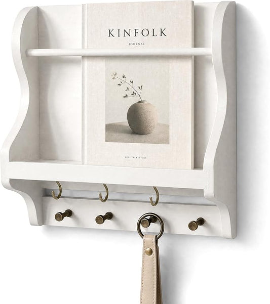 Rebee Vision Mail Organizer Wall Mount with 7 key Hooks Home Decor, White | Mail Holder for Wall, Key Hanger for Sunglasses and Wallets, Mail, Farmhouse Magazine Holder, Wood Decor, Apartment Aesthetic