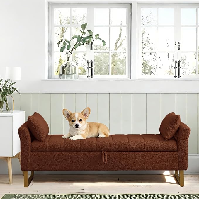 66" Storage Bench for Bedroom Upholstered End of Bed Bench King Size Brown | Long Bedroom Benches for Foot of Bed King,Teddy Storage Bed Bench with Gold Legs,2 Pillows for Entryway Windows Cloakroom