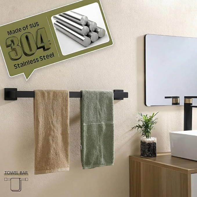 5-Piece Bathroom Hardware Set, 23.6 in Towel Bar, Matte Black | SUS304 stainless steel, 55 mm square bases, concealed screw mount, towel ring, toilet paper holder, 2 robe hooks