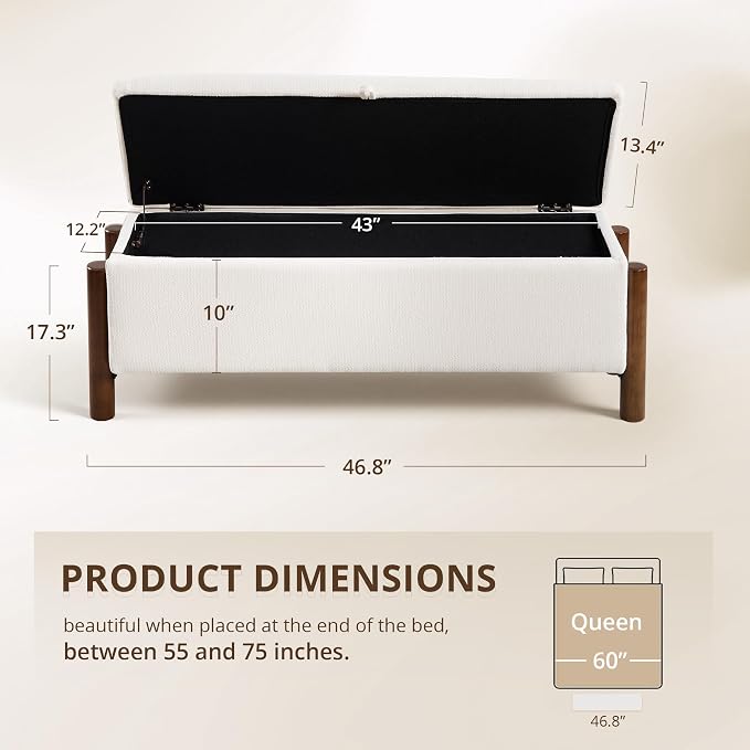 47'' Modern Storage Ottoman Benches with Walnut Wood Legs Ottoman Bench with 22 Gallons Storage Space Fabric Upholstered Seating End of Bed Bench for Bedroom for Livingroom White