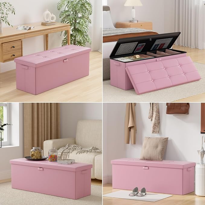 ENGPOW Storage Ottoman, Fireproof Folding Bench with Lock(15”x 43”x15”), Water-Resistant ＆ Heat Insulation Large Storage Chest with Handles＆2 Extra Spaces Safe for Living Room, Bedroom, Home, Pink