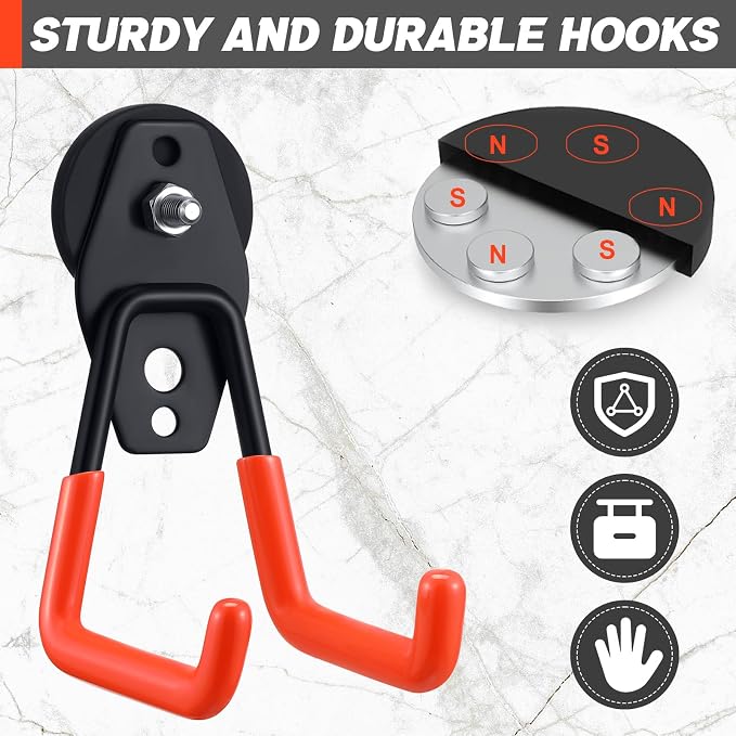 Landhoow 10 Pcs Large Magnetic Hooks Heavy Duty Garage Magnet Hooks Strong Storage Utility Magnetic Hangers with Anti Slip Rubber Coating for Indoor and Outdoor Hanging (Orange)