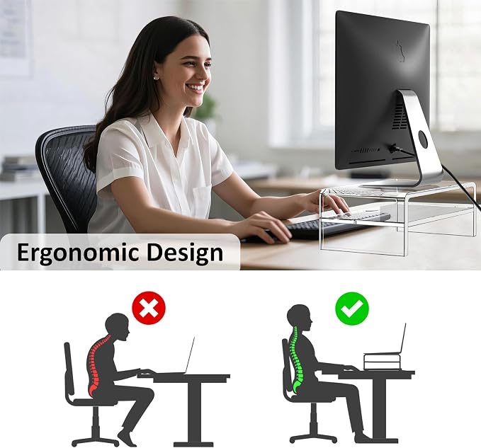 Egchi Clear Acrylic Monitor Stand Riser 2 Tier, 5.12 Inches High Clear Computer Desk Organizer Shelf for Multi Media PC Storage Laptop | Clear, Desk Shelf, for Multi Media PC Storage, Laptop Stand
