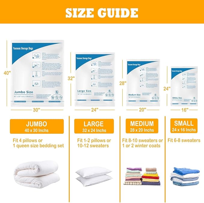 MEIQIHOME Vacuum Storage Bags, Space Saver Sealer Bags,Vacuum seal bags for clothing, Pillows, Comforters, Blankets, Bedding,Travel,8 LARGE