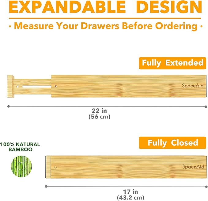 SpaceAid Bamboo Drawer Dividers with Labels, Kitchen Adjustable Drawer Organizers, Expandable Organization for Home, Office, Dressers and Bathroom, 6 Dividers (17-22 in) (Pack of 2)