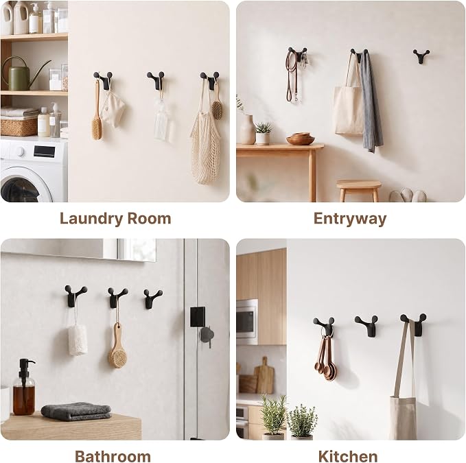 Coat Rack Wall Mount, Decorative Double Hanger Hooks, 4Pcs Balck Hook, Premium Zinc Alloy Y-Shaped/Antler Hook for Towels, Bags, Hats, Cups & Keys, Ideal for Entryway, Bedroom, Bathroom, Kitchen