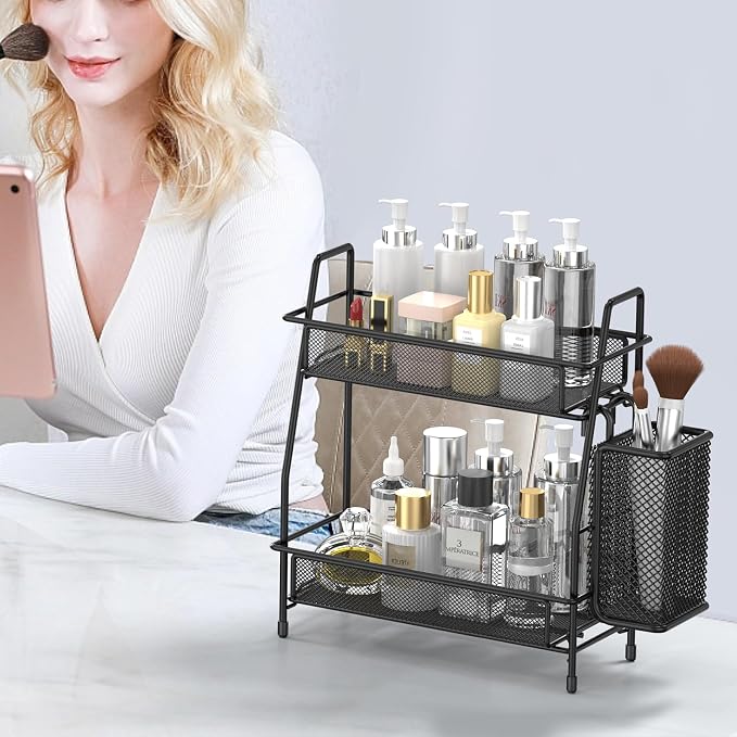 2-Tier Bathroom Countertop Organizer,Skincare, Makeup Countertop Organizers, Kitchen, Bathroom Counter Storage with Small Basket (Black)