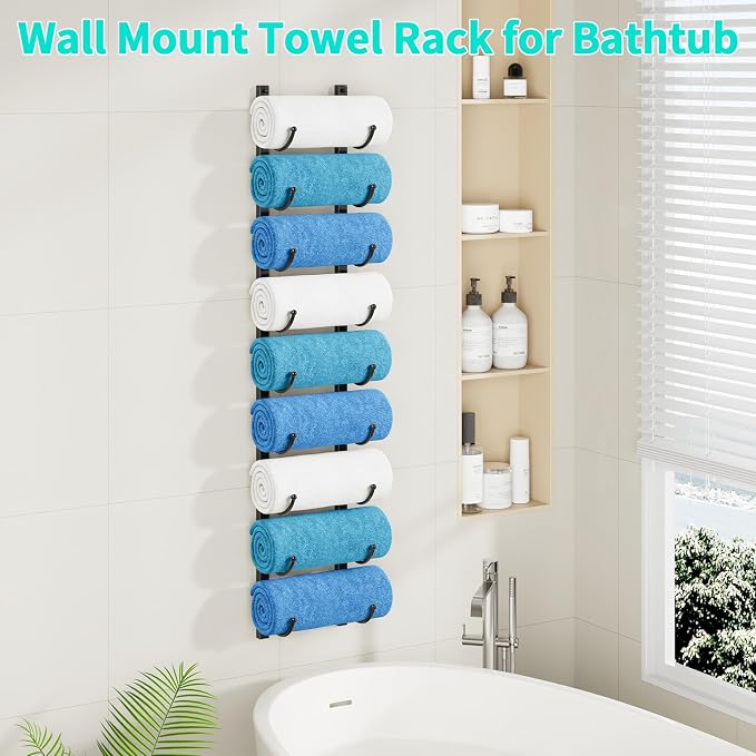 HapiRm Rolled Towel Racks for Bathroom - 9-Tier Over The Door & Wall Mounted Bathroom Towel Storage, Hanging Metal Organizer for Towels & Bath Sheets, Space Saving Rack for Bathroom, Camper, RV, Black