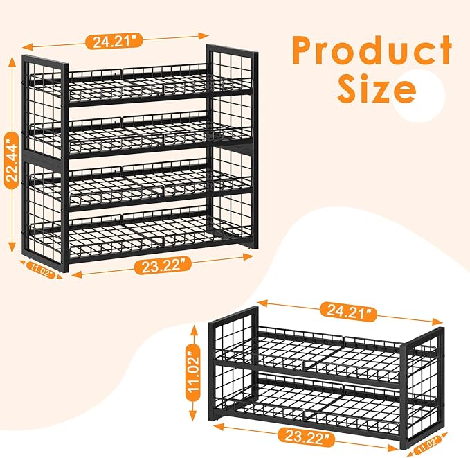 JKsmart 2-Tier Stackable Can Organizer, Extra-Long Can Rack for Pantry Storage, Adjustable Can Dispenser Holds Up to 64 Cans, 12mm Metal Frame, Super Sturdy Holders for Various Canned Food Soda-2 Pack