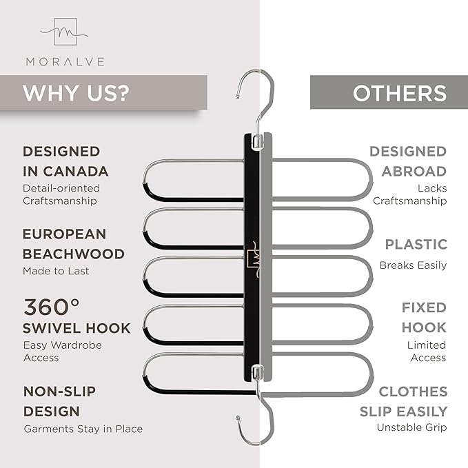 MORALVE Pants Hangers Space Saving - 4 Pack European Beechwood Scarf and Jean Hangers - Closet Organizer and Space Saver Pant Rack, Leggings Hanger, and Scarf Holder with 360° Swivel Hook
