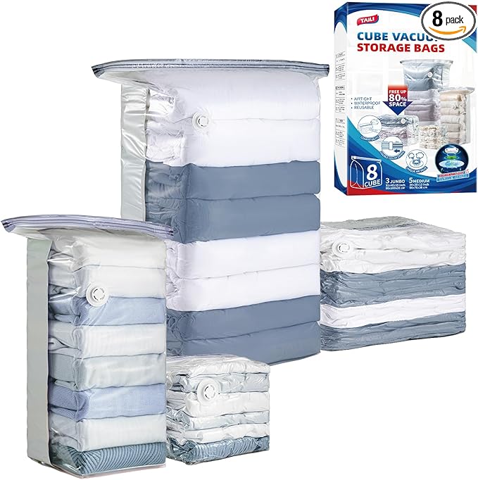 TAILI 8 Pack Vacuum Storage Bags, Cube Combo(3 Jumbo+5 Medium), Cream | Vacuum Seal Bags for Clothing, Bedding, Comforters, Blankets, Space Saver No Pump Compression Cube, 2 Size