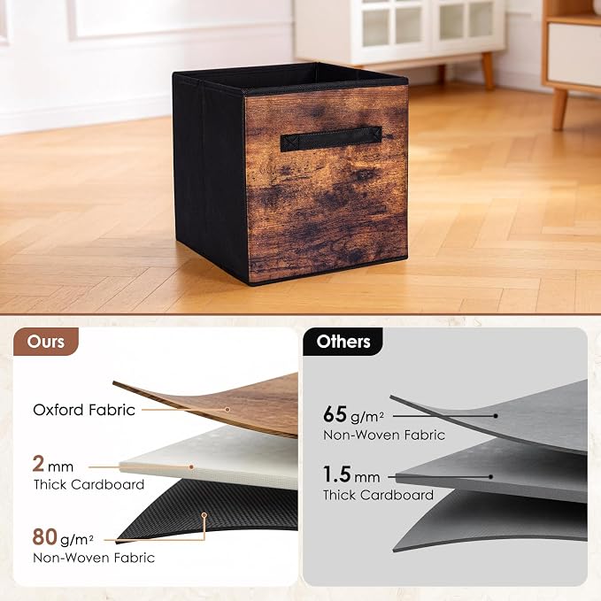 11 Inch Fabric Storage Cubes, 8 Pack Foldable Storage Bins with Handle, Fabric Cube Box for Shelves, Closet, Bedroom, Living Room, Organizer, Rustic Brown and Ink Black