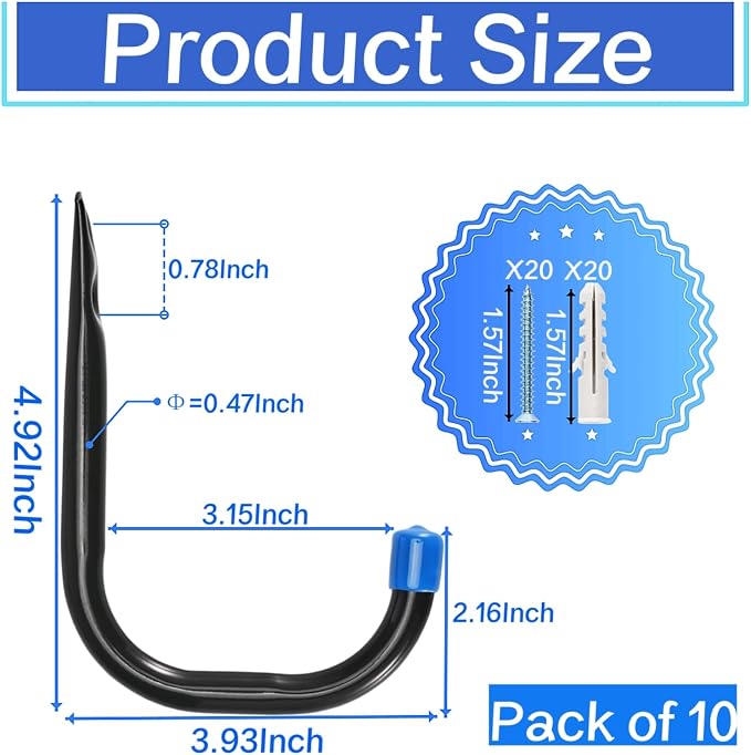 Garage Storage Hooks for Hanging, 4Inch Heavy Duty Wall Mount J Utility Hooks, Hangers-Organizer for Tools, Bikes, Ladders, Chairs, 10 Pack (‎12G-4inch10)