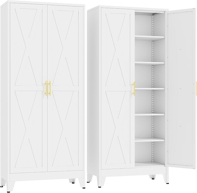 GAIOUS 74.8" Tall Kitchen Pantry Cabinet, Metal File Storage Cabinet White | Steel Office Cabinet, Freestanding Cupboard with 2 Doors and 5 Adjustable Shelves, Bathroom Kitchen Home Garage Tool Cabinet