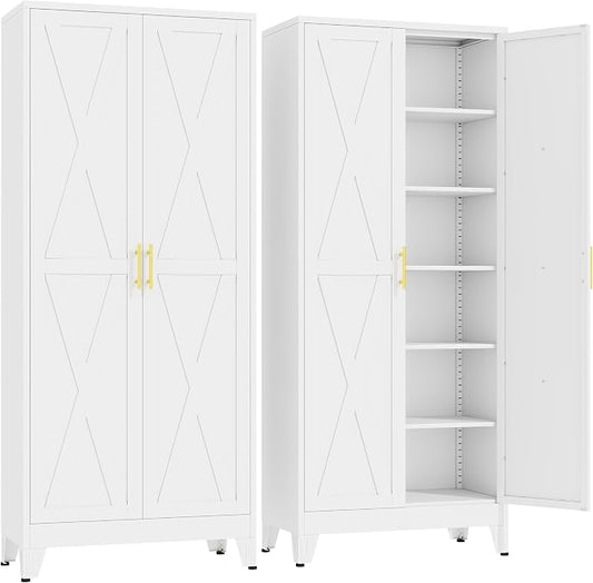 GAIOUS 74.8" Tall Kitchen Pantry Cabinet, Metal File Storage Cabinet White | Steel Office Cabinet, Freestanding Cupboard with 2 Doors and 5 Adjustable Shelves, Bathroom Kitchen Home Garage Tool Cabinet