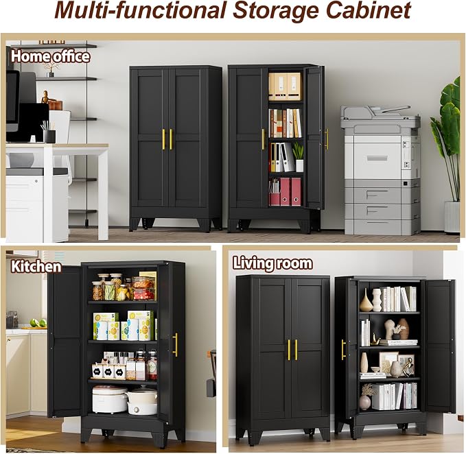 47" Black Metal Storage Cabinet with 2 Doors and 3 Adjustable Shelves,Steel Garage Tool Cabinet, File Cabinet,Kitchen Pantry Cabinet for Home,Office,Garage,School,Warehouse