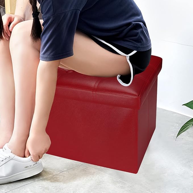Bsketa Storage Ottoman, Folding Foot Stool with Thicker Foam Padded Seat Small Leather Storage Ottoman Bench Foot Rest for Living Room Foldable Coffee Table 17x13x13in,Red | Ottoman with Storage, Thicker Foam Padded Seat, Living Room, Dorm, Bedroom, Lo...