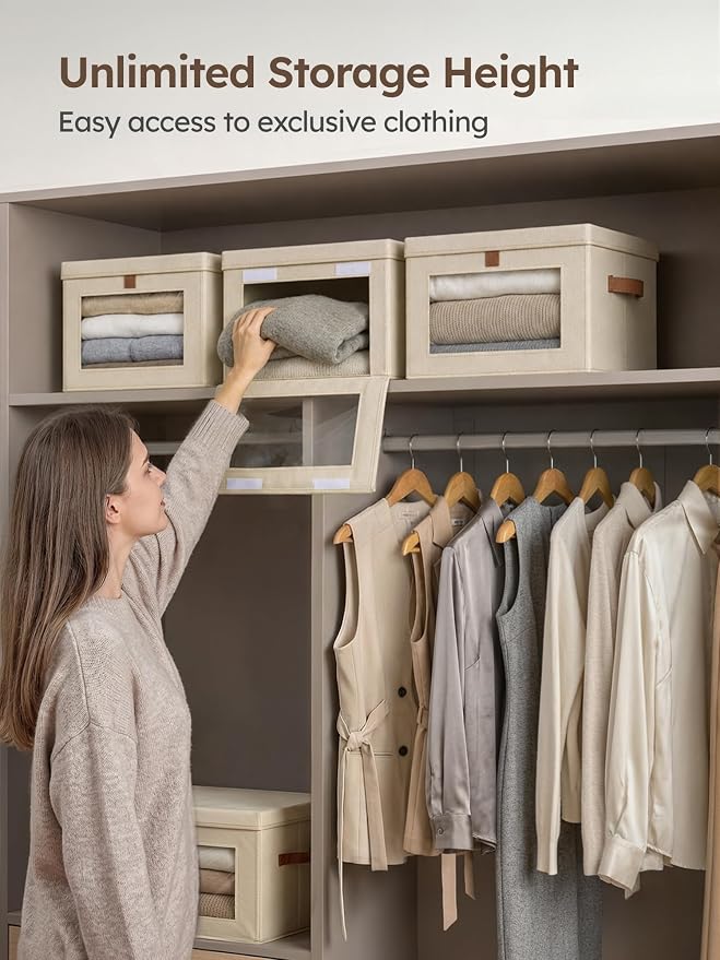 Homsorout Medium Fabric Storage bins - Collapsible Storage Bins with Open Window, 5 Pack Closet Baskets for Shelves, Stackable Decorative Boxes for Home, Dorm, Beige, 13.7"x 9.8" x 9.8"