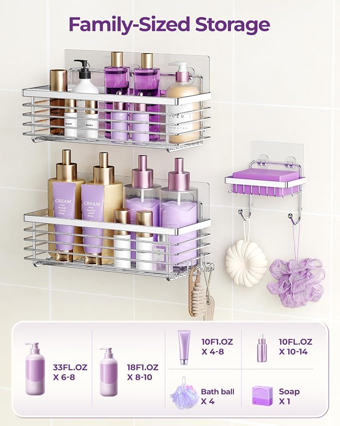 Shower Caddy Adhesive 3 Pack Stainless Steel Storage Organizers-Silver | No drilling wall mounted,rust-resistant,large capacity,quick drainage,easy to clean,suitable for bathrooms and kitchens