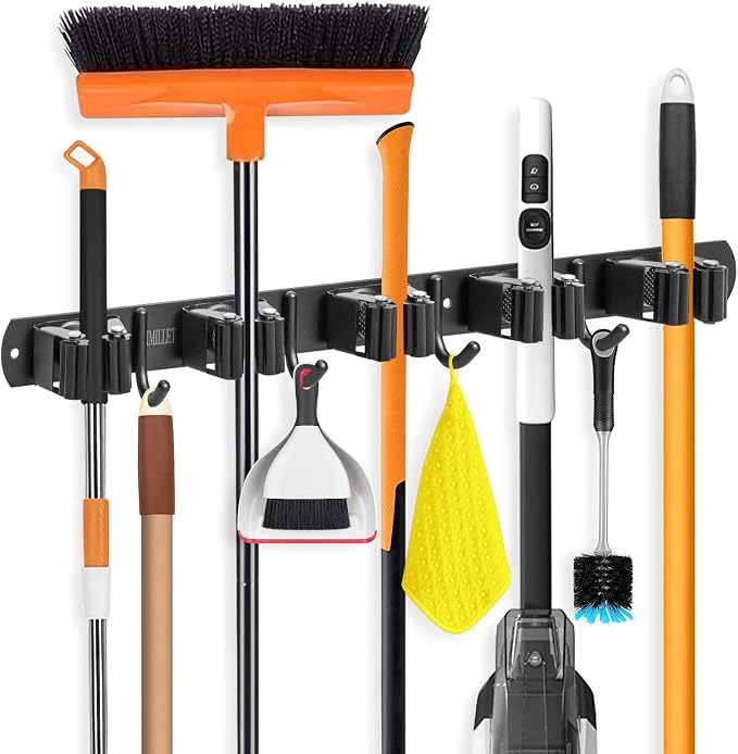 IMILLET Broom Holder Wall Mount, Heavy Duty Garage Organization Mop Hanger | Stainless Steel Broom and Mop Organizer Wall Hanging Self Adhesive for Laundry Room,Garden,Utility