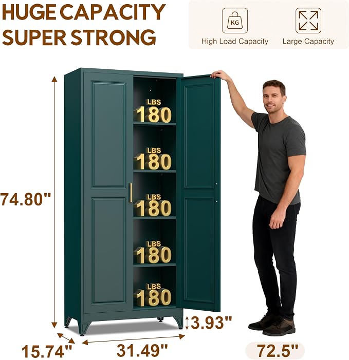 UNICOLY 75" Kitchen Pantry Cabinet, Metal Tall Storage Cabinet with Doors | Kitchen Storage Cabinets with 4 Shelves,Pantry Storage for Kitchens, Living Room, Dinning Room, Assembly Required, Green