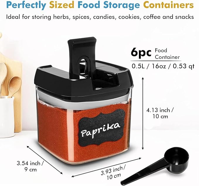 Shazo 6 PC Airtight Food Storage Containers + 6 Spoons Included - BPA Free Plastic Snack & Spice Containers with Easy Lock Lids - Kitchen and Pantry Organization for Herbs Coffee Tea - 0.5L / 2.1 Cup